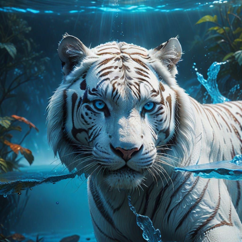 Majestic White Tiger Battles White Snake in Vibrant Blue Wat...