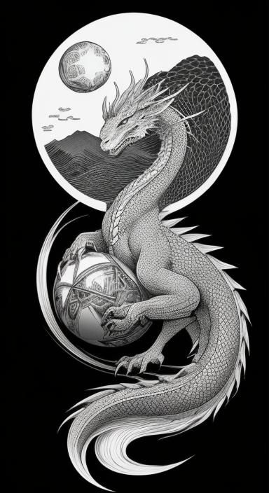 Dragon and Egg in Japanese Woodcut Style