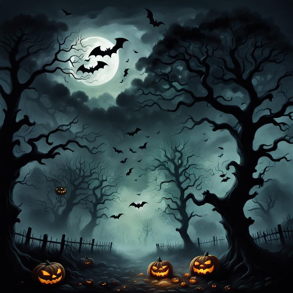 Sinister Halloween Landscape with Bats and Crescent Moon
