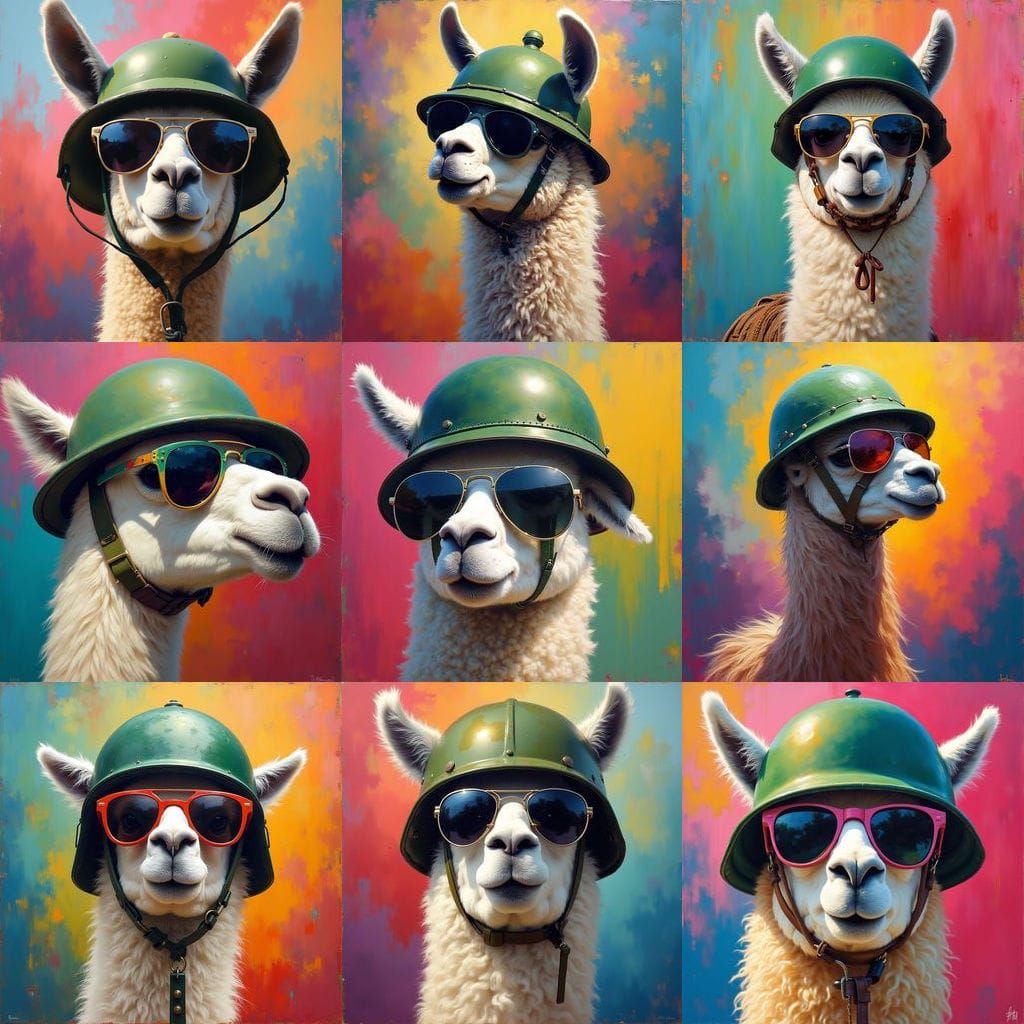 Llama in Military Helmet and Sunglasses as Oil Painting