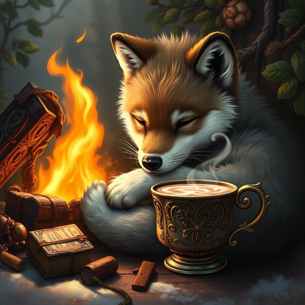 Wolf Pup by Cozy Fire in Whimsical Fantasy Scene