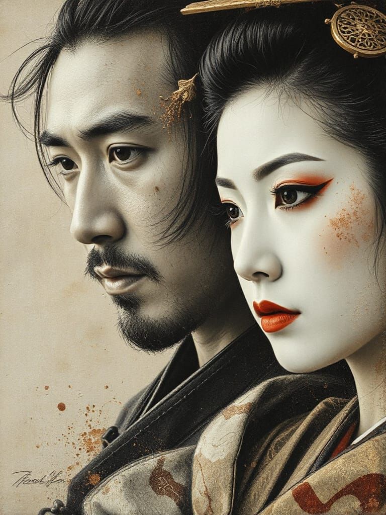 Ethereal Samurai and Geisha Portrait in Sepia