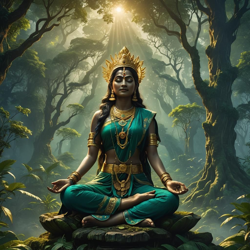 Mahadevi Meditating Above Forest, as Digital Matte Painting