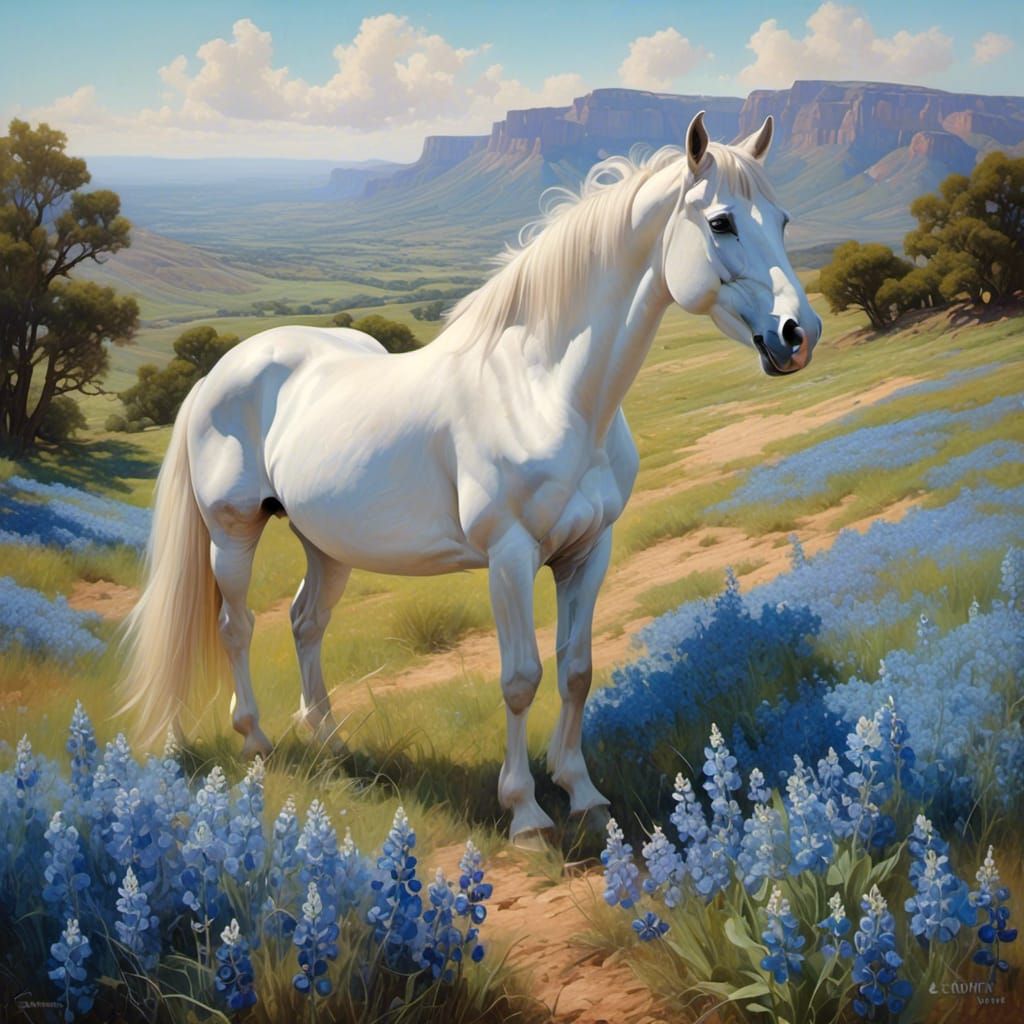 White Horse in Bluebonnet Field: Hyperrealistic CGI