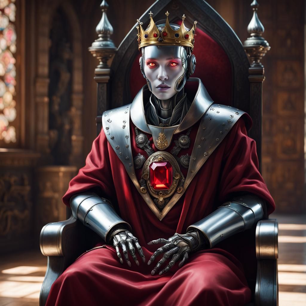 Robot King on Medieval Throne, Photorealistic Art