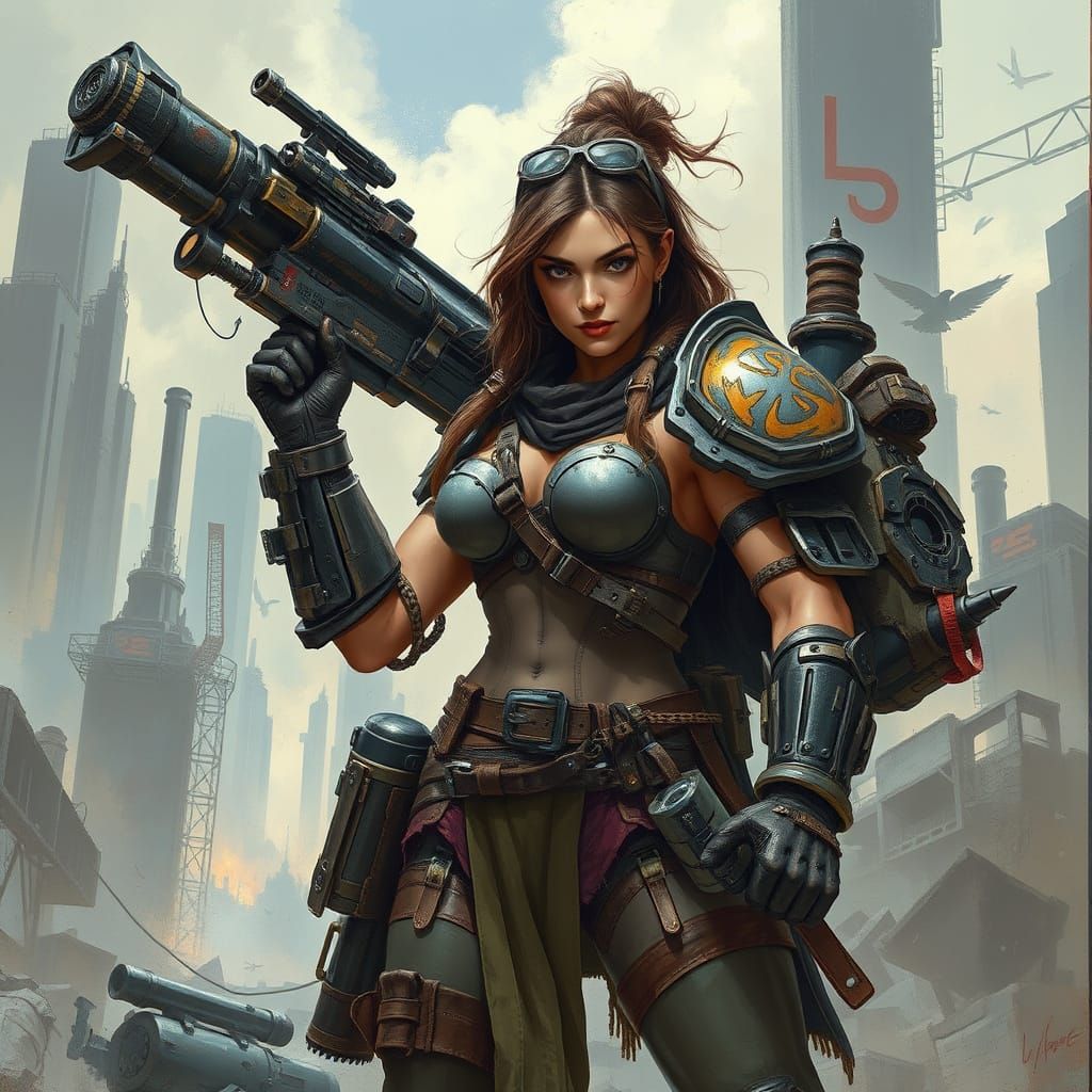 Cyberpunk Warrior in Ruins, Gritty Futurism Style