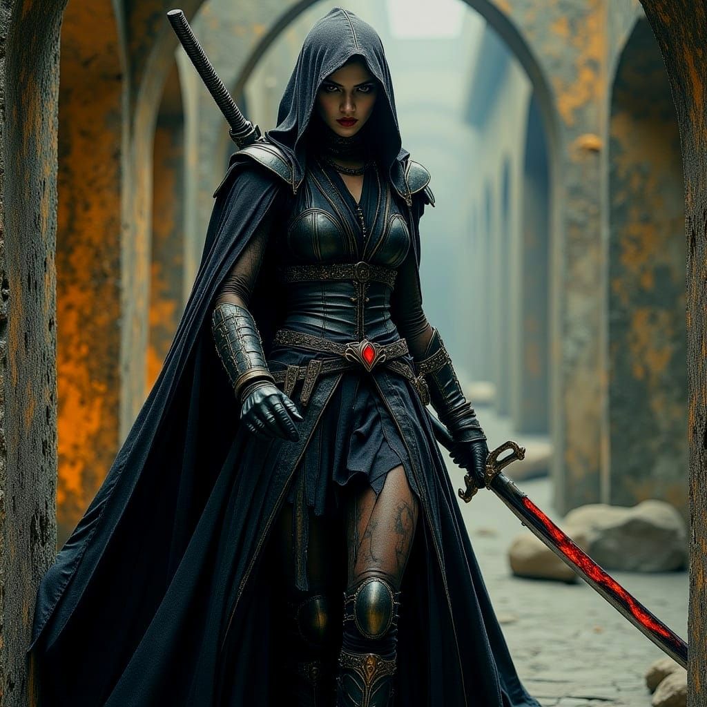 Female Warrior Monk with Laser Sword in Dark Fantasy Style