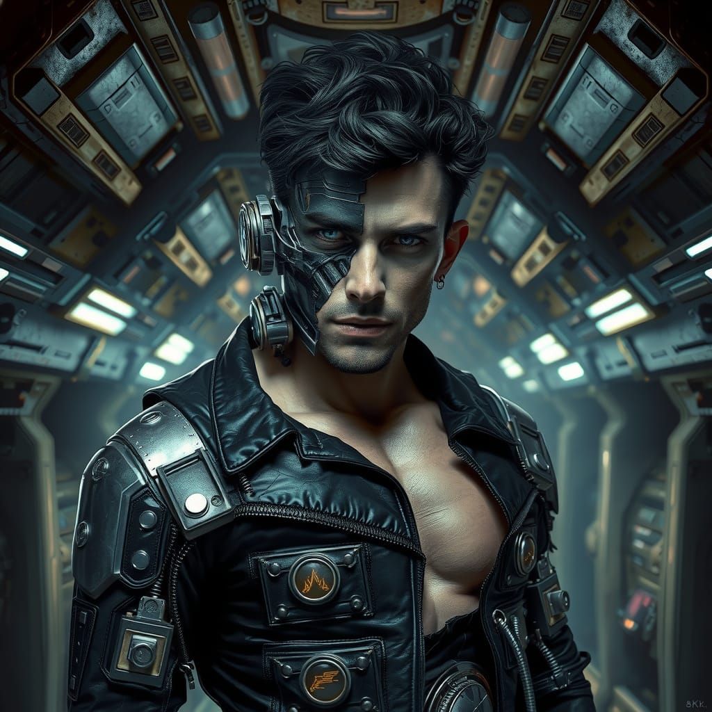 Menacing Cyborg in Dimly Lit Spaceship Interior