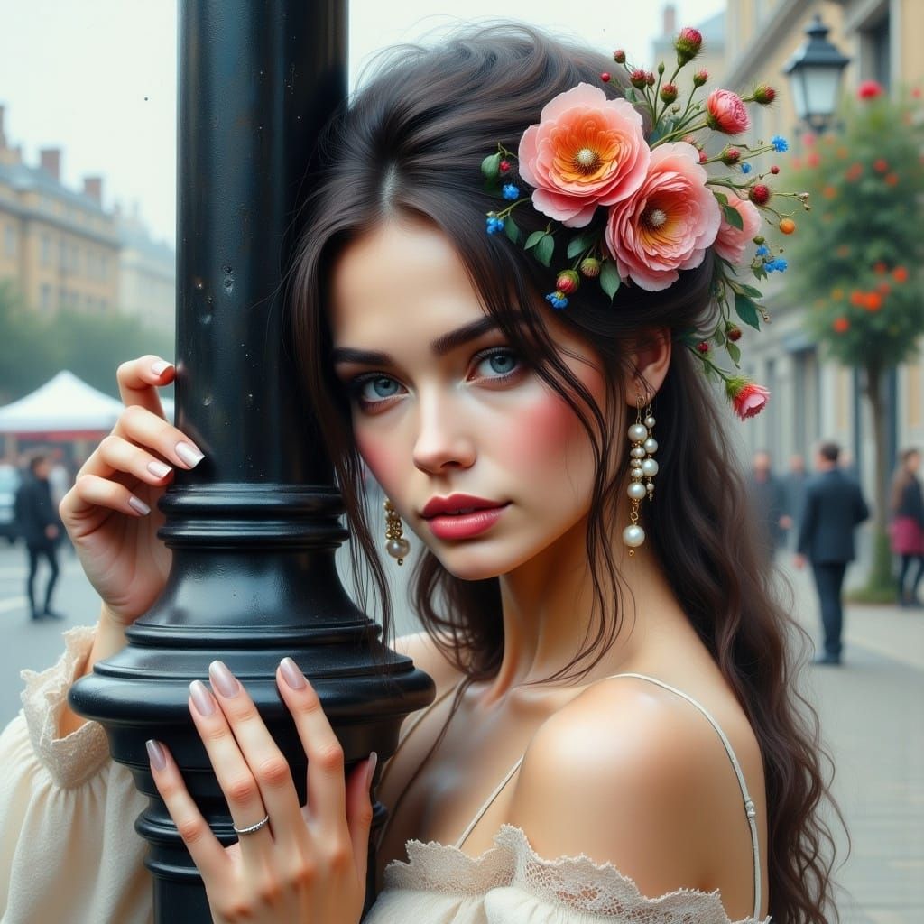 Melancholy Woman with Pearl Earrings and Watercolor Tears