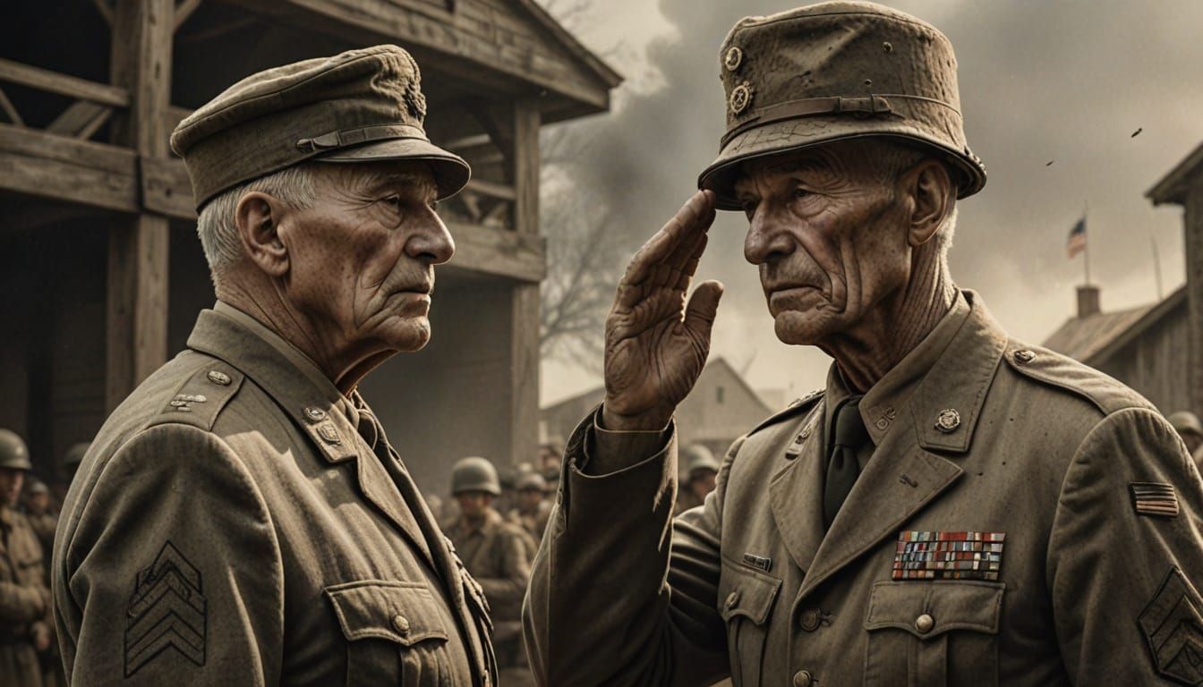 Young Soldier Salutes Veteran in Respectful Military Art