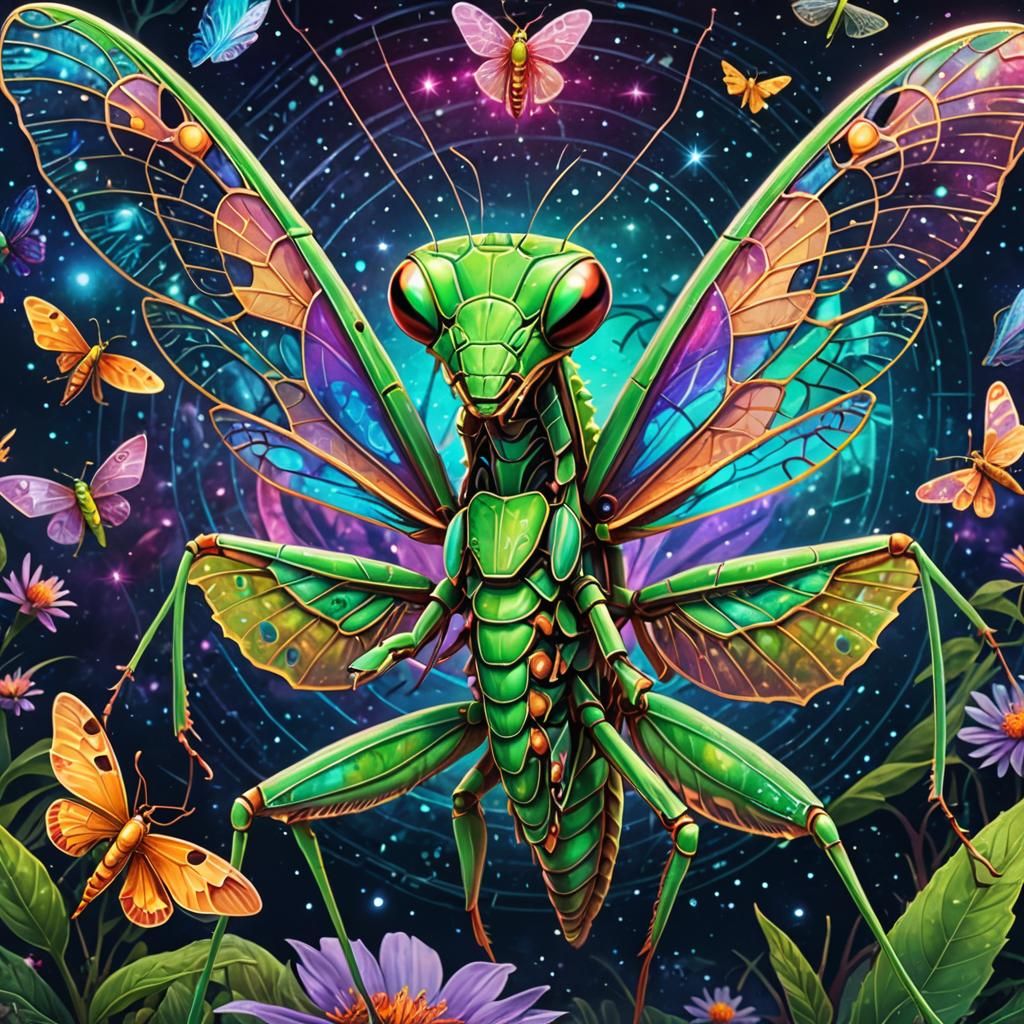 Cute hybrid praying mantis with a moth 8k resolution holographic astral cosmic illustration mixed media by Pablo Amaring...