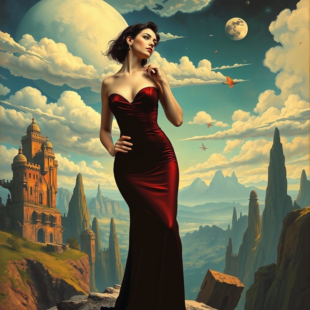 Elegant Woman in Surreal Dreamscape, Art Nouveau Style