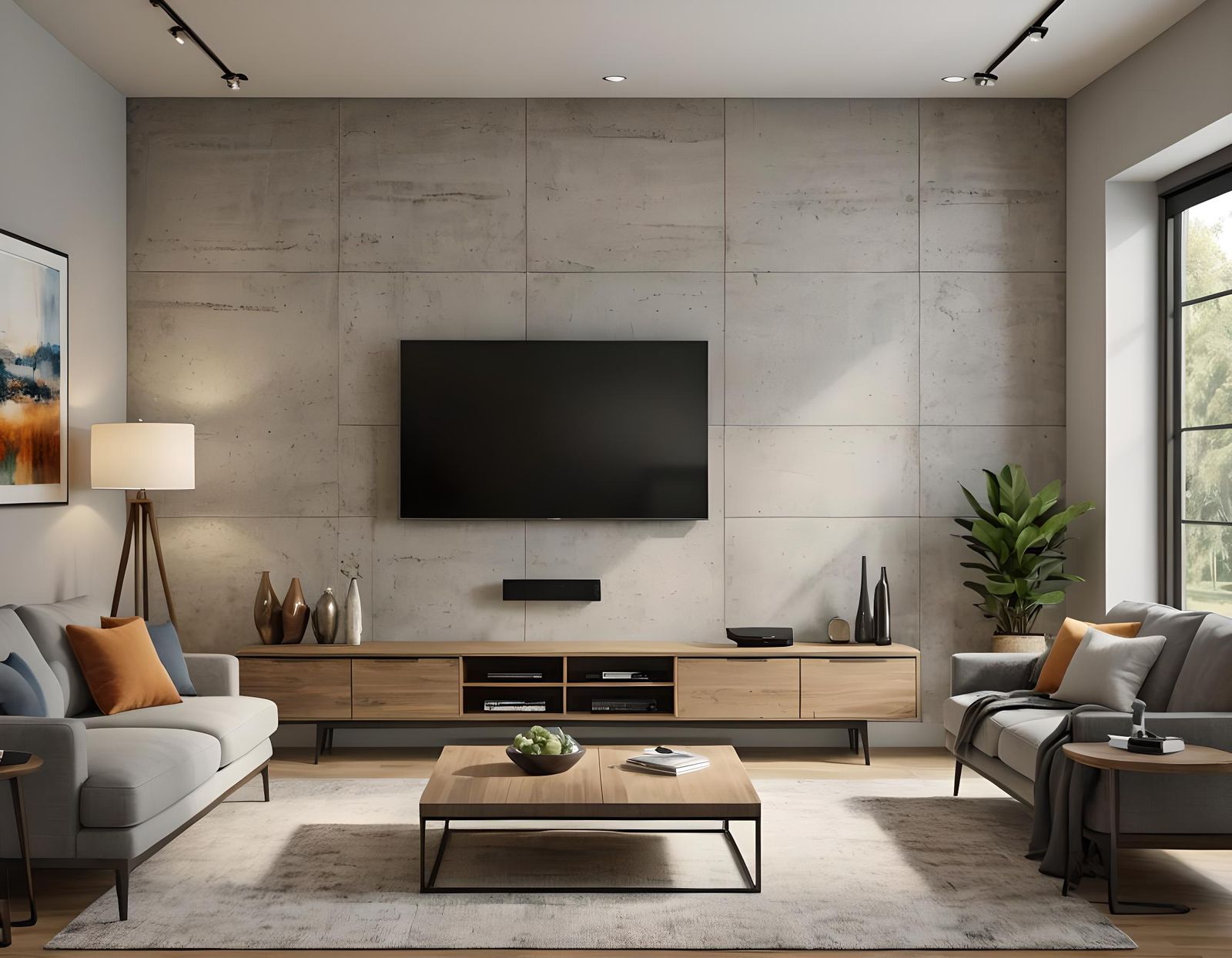 Modern TV Room with Empty Wall and Natural Light