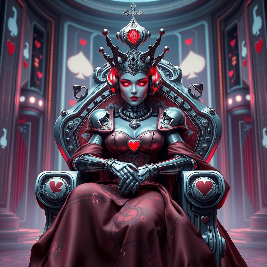Cyborg Queen of Hearts Empress on Playing Card Throne