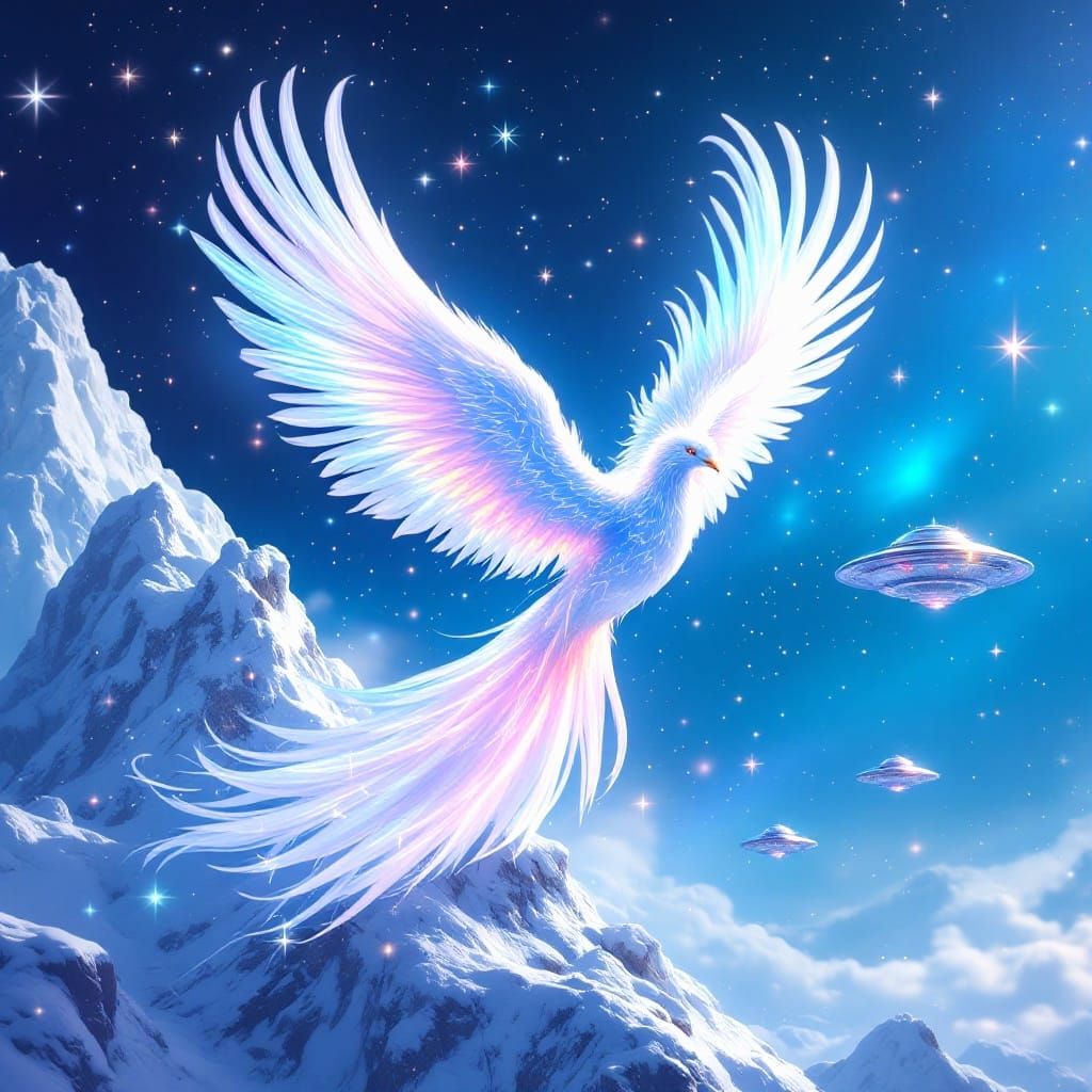 Ethereal Bird of Paradise in Snowy Fantasy Landscape