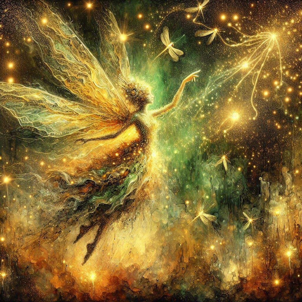 Golden Fairy in Firefly Light, Impressionistic Style