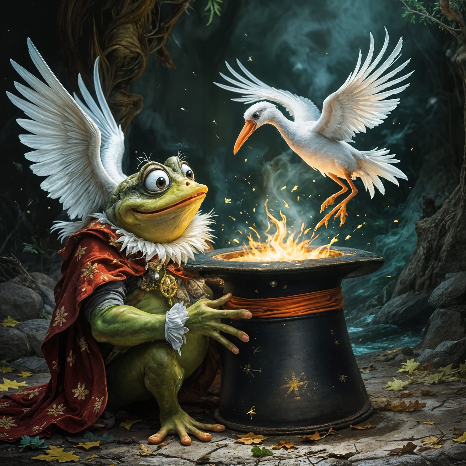 Surprised Frog Magician Pulling Stork, Detailed Illustration