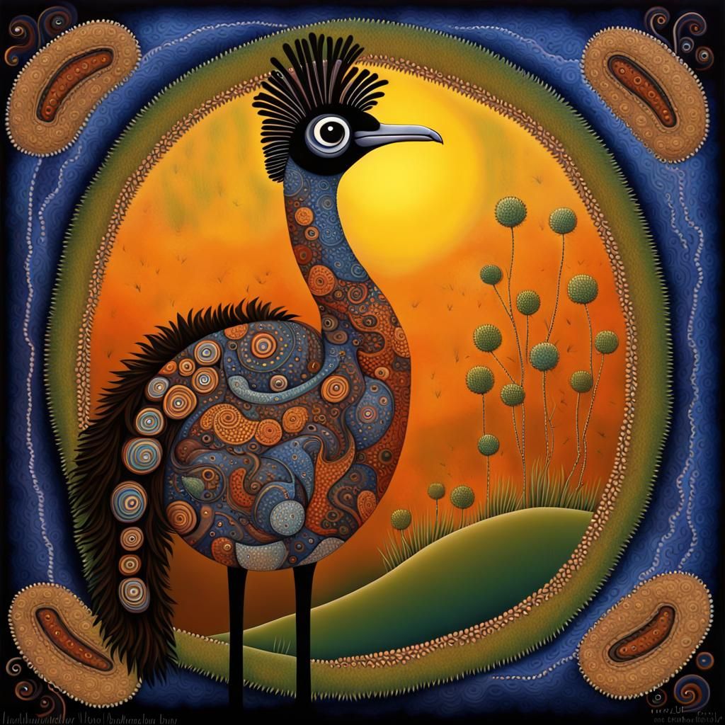 Emu in Folk Art Style with Aboriginal Dot Painting