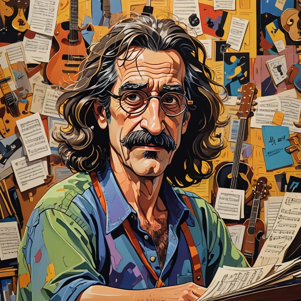 Surreal Satirical Portrait of Frank Zappa in Cartoonish Styl...