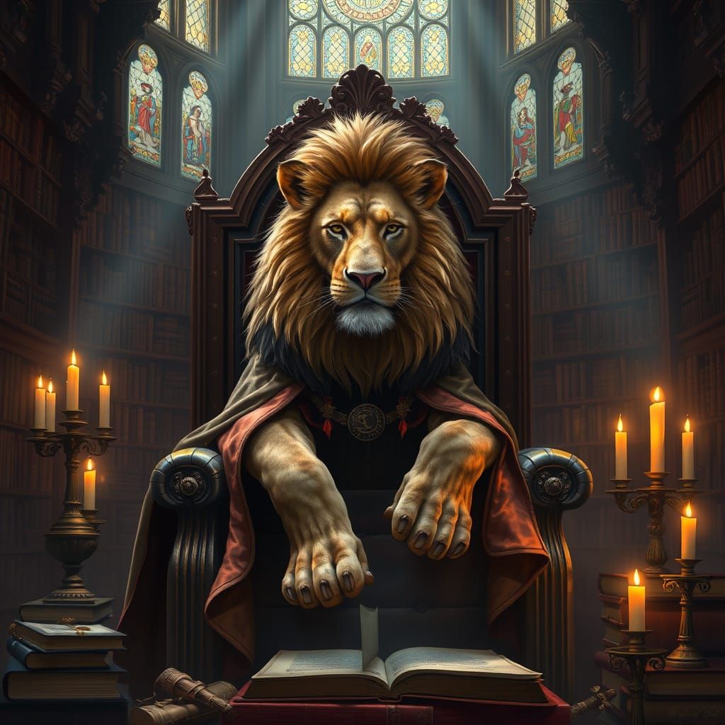 Majestic Lion King on Book Throne