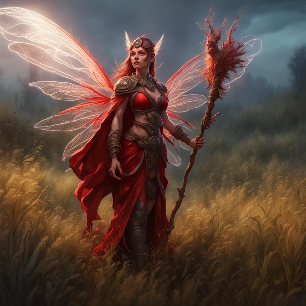 Fantasy Fairy Dwarf in Grassy Field, Digital Art