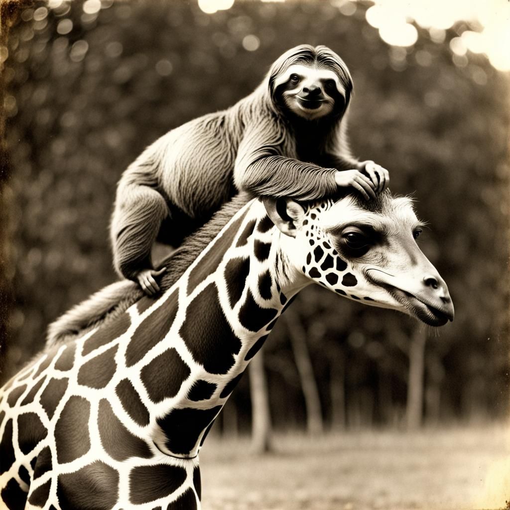 Sloth Riding Giraffe in Vintage Photography Style