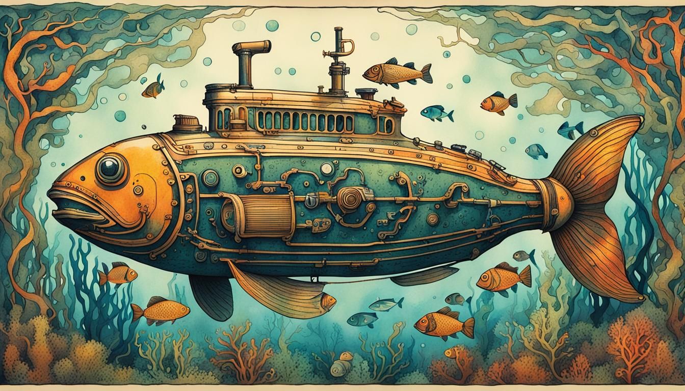 Fish-Submarine in Underwater Kelp Forest Poster