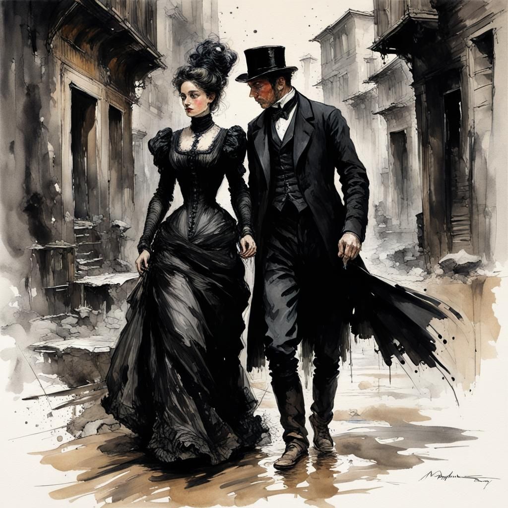 Victorian Couple in Ink Splash Art Style