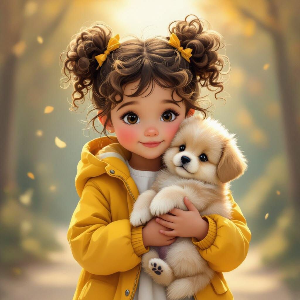 Girl Holding Puppy in Whimsical Storybook Style