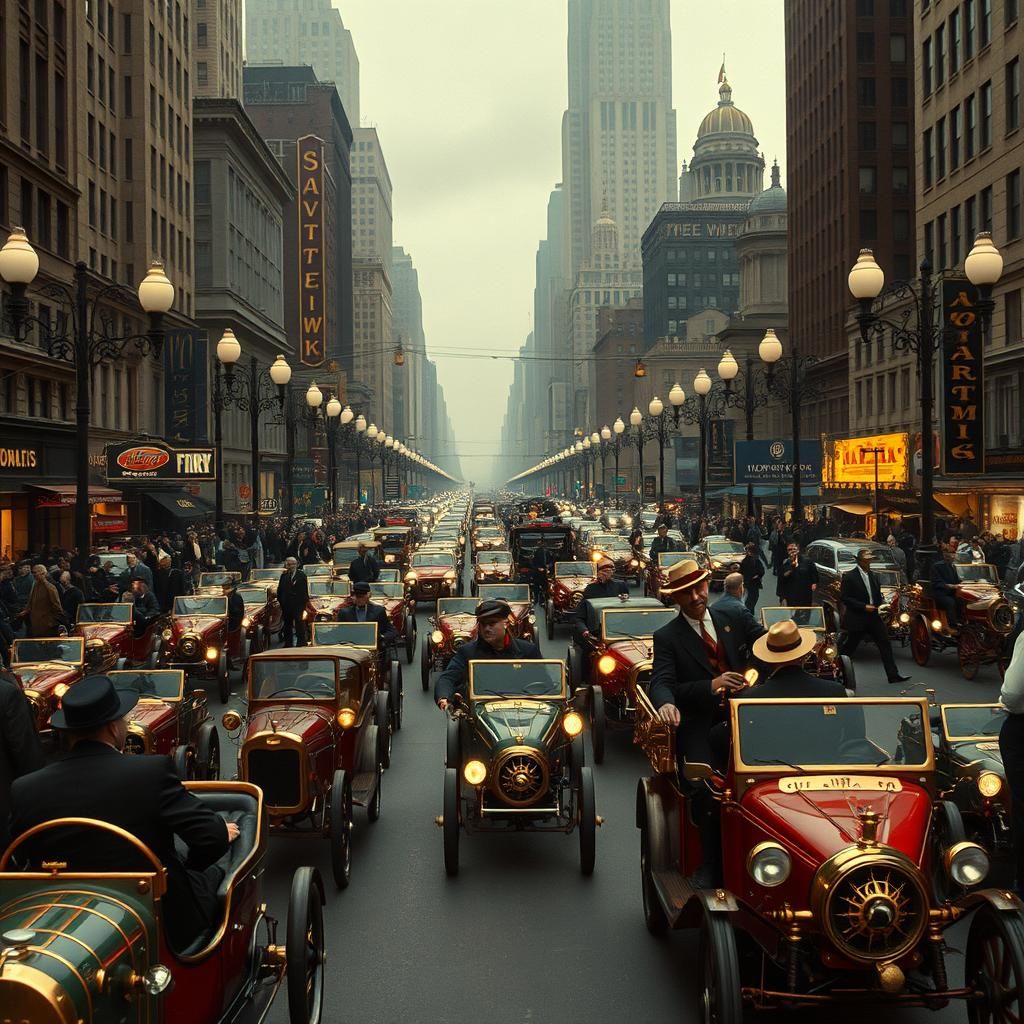 1920s Metropolis Pedal Car Traffic Jam: Steampunk Aesthetic
