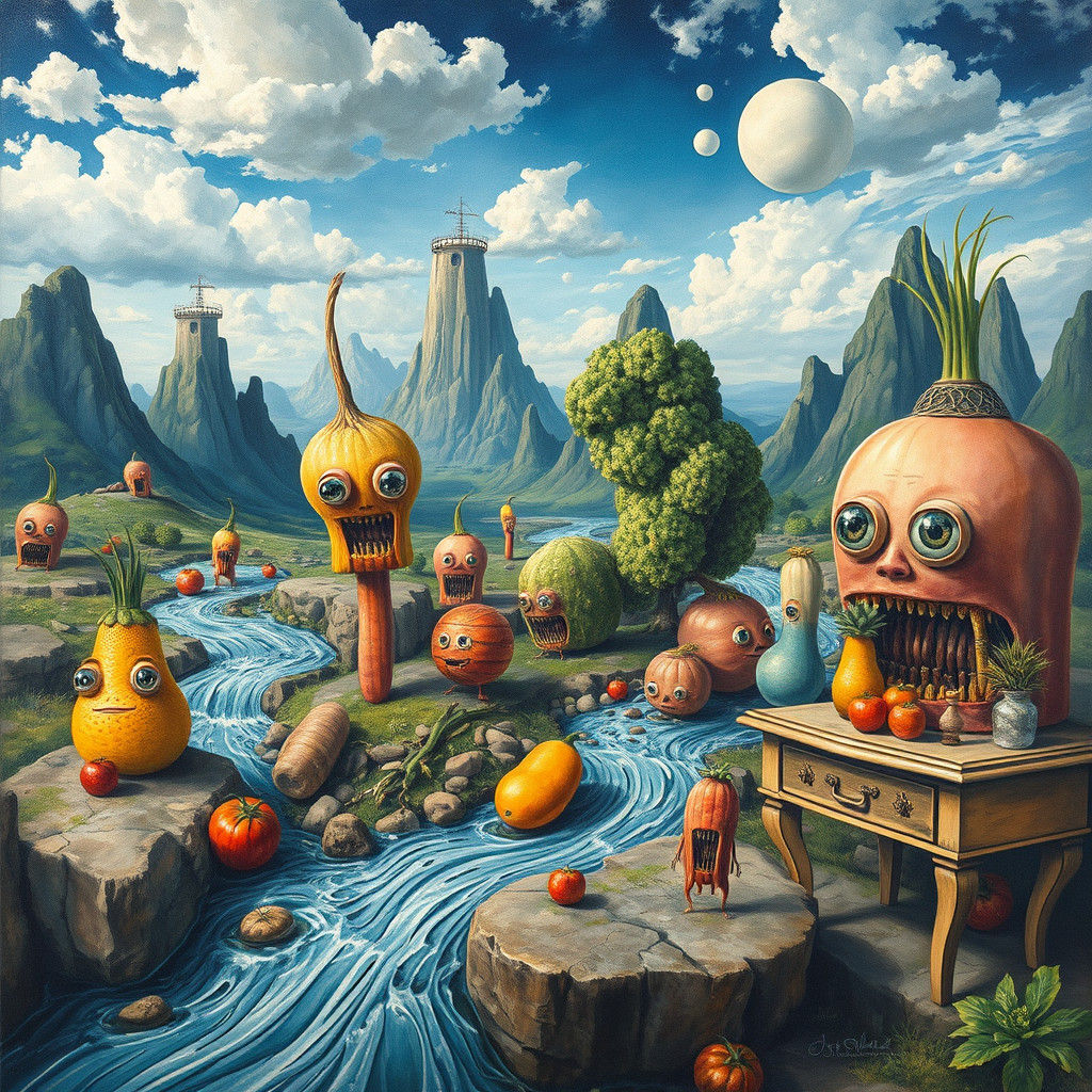 Surreal Landscape with Vegetable Characters in Gouache Style