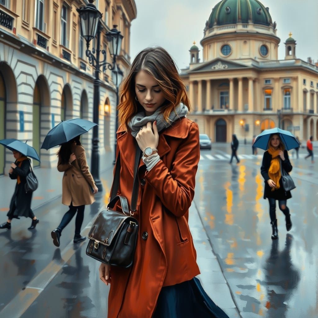 Rainy Day Impressionist Painting of Woman in City