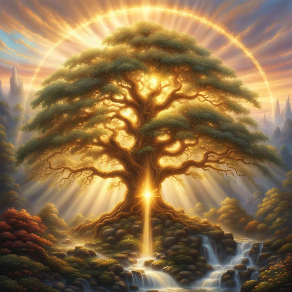 Golden Tree Emblem with Light Rays in Ethereal Style