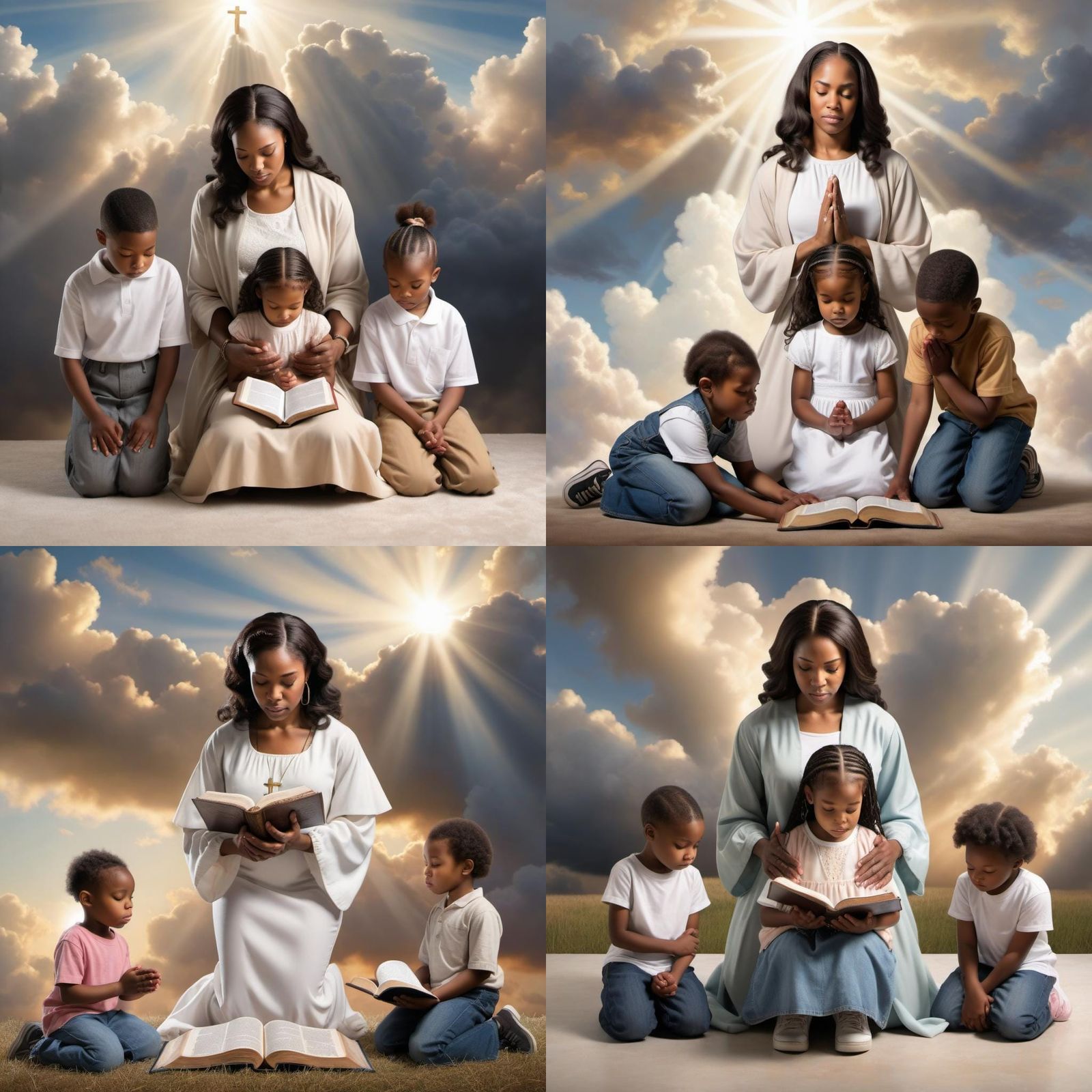 African American Woman Praying with Children