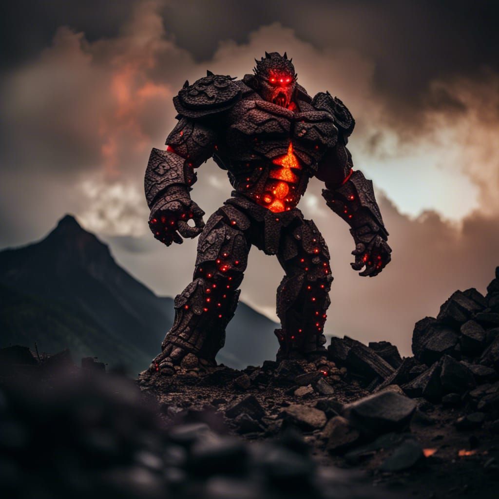 Lava Titan Confronts Warrior in Mountain Landscape