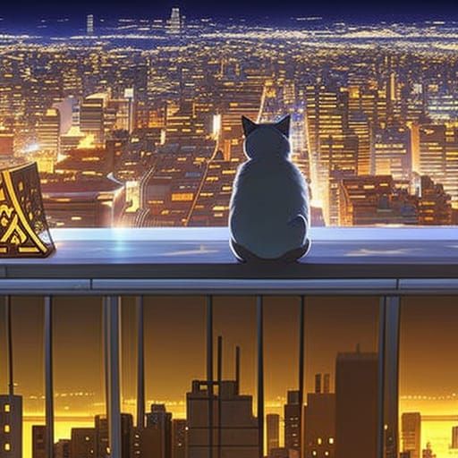Cat Overlooking City at Night, Anime Style