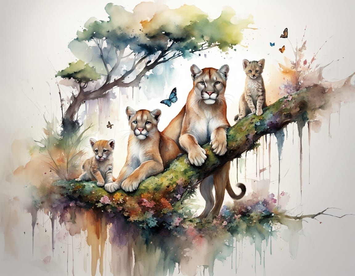 Mountain Lion Cub on Branch, Watercolor Garden
