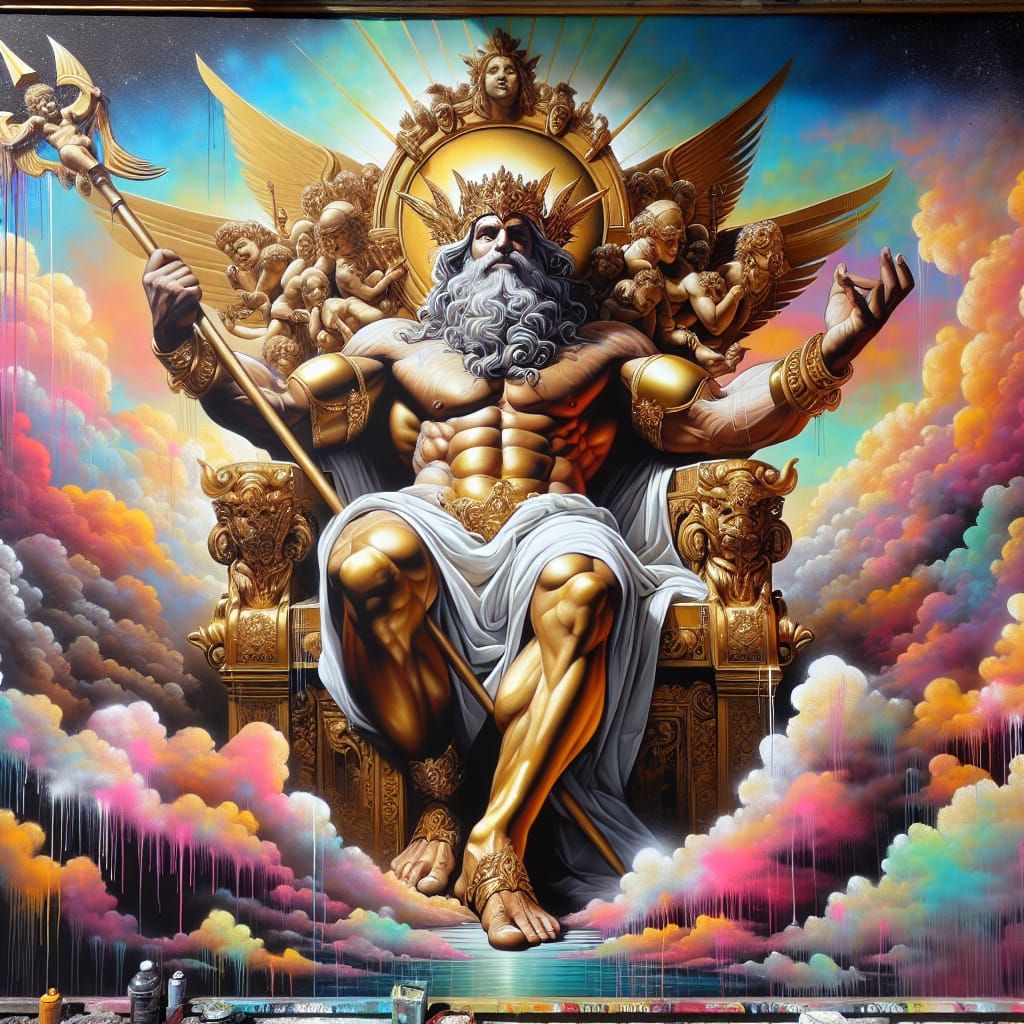 Muscular Warrior God on Golden Throne in Heaven
