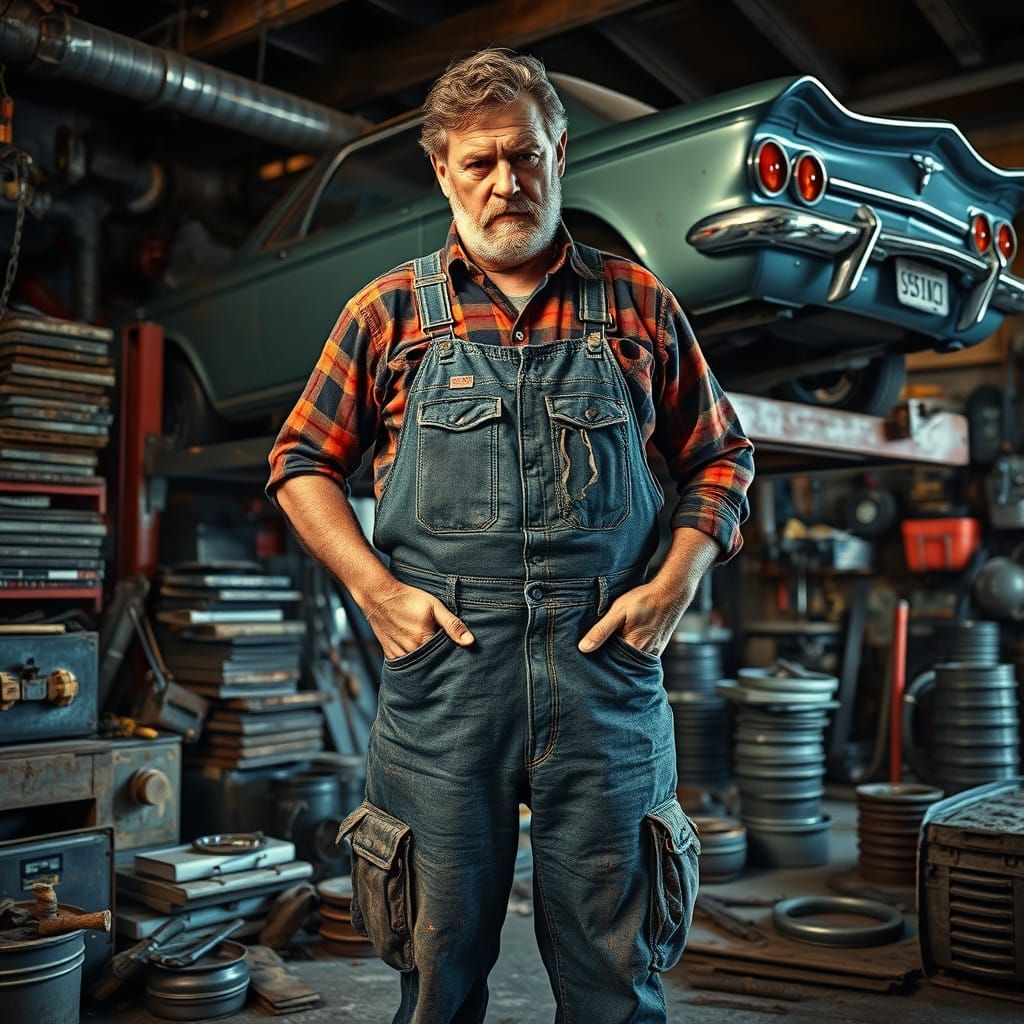 Gritty Mechanic Repairs Vintage Car in Cluttered Garage