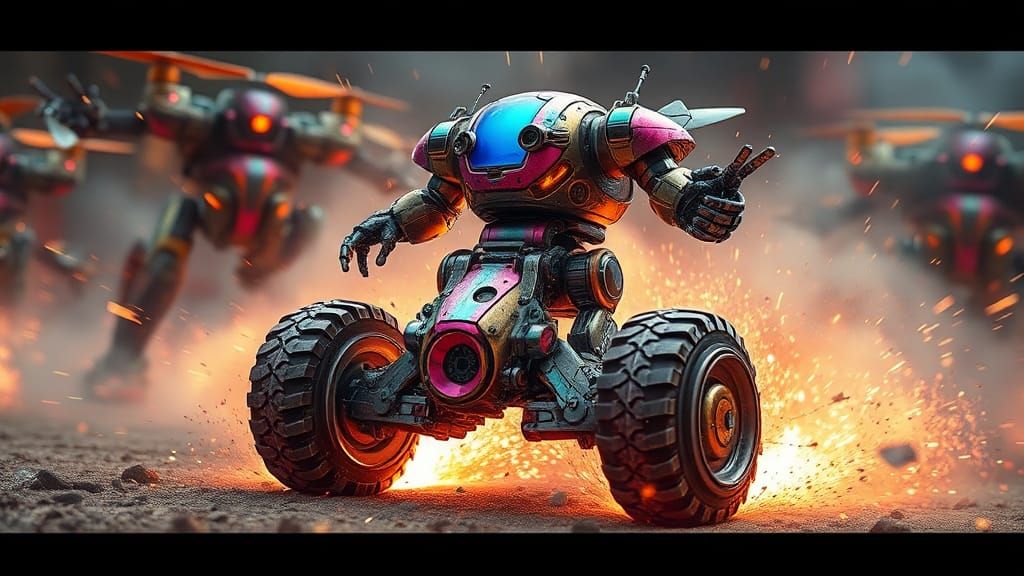 Armored Two-Wheeled Mecha Battles Giant Opponents