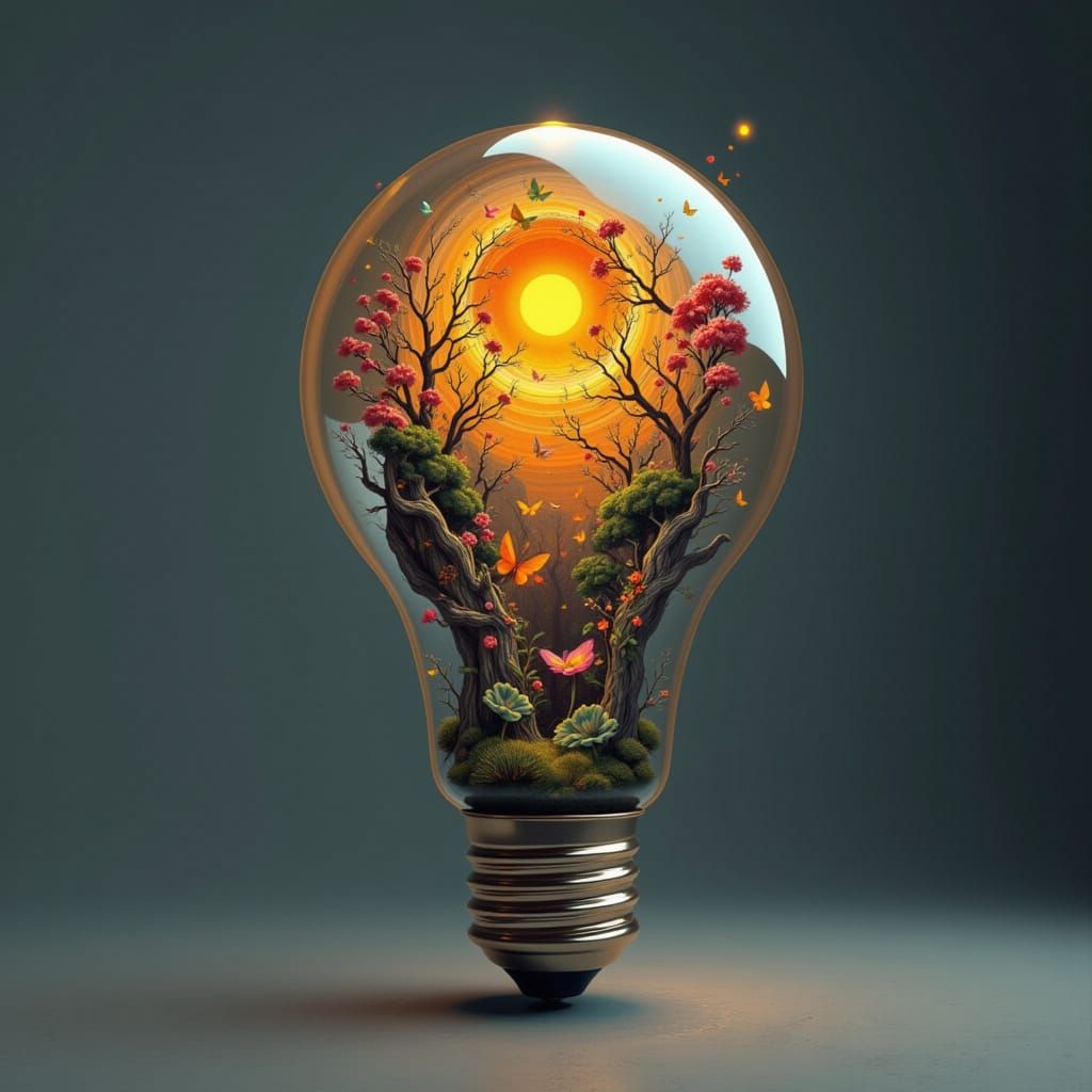 Surreal Double Composition: Inner World Within Light Bulb