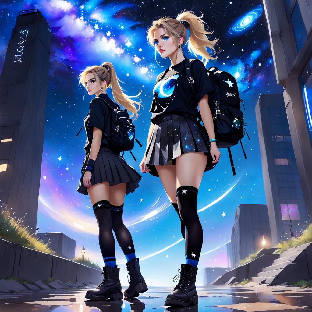 Starlight Gaze: Girl with Galaxy Backpack