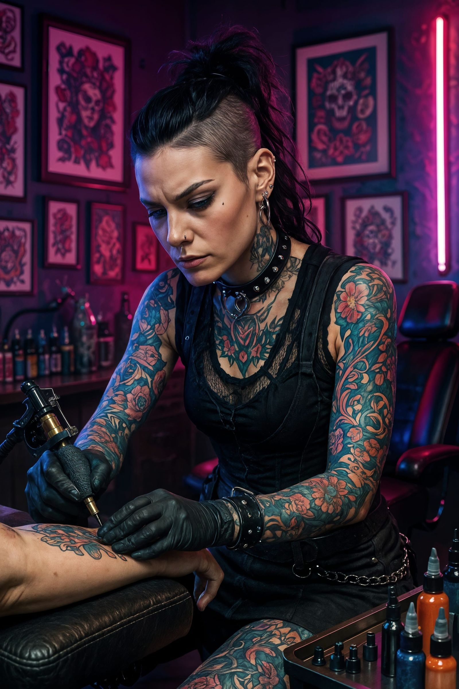 Tattoo Artist in Neon Studio: Photorealistic Portrait