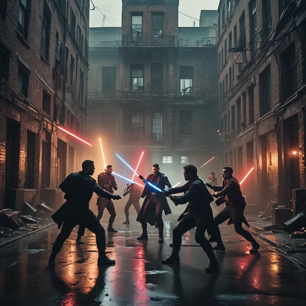 Lightsaber Duel in Abandoned City: Cinematic Film Still