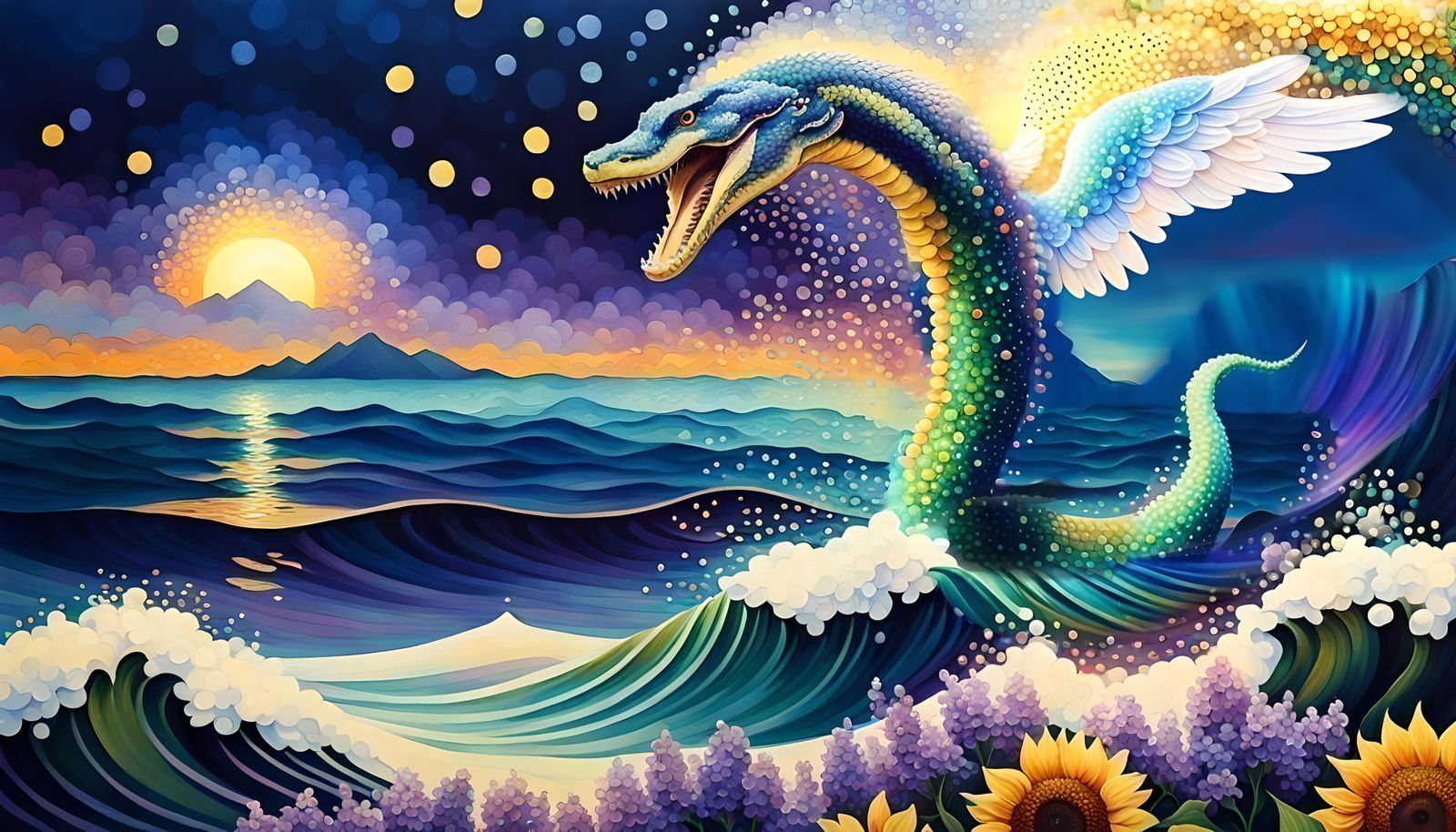 Emerald Winged Serpent in Pointillism Style