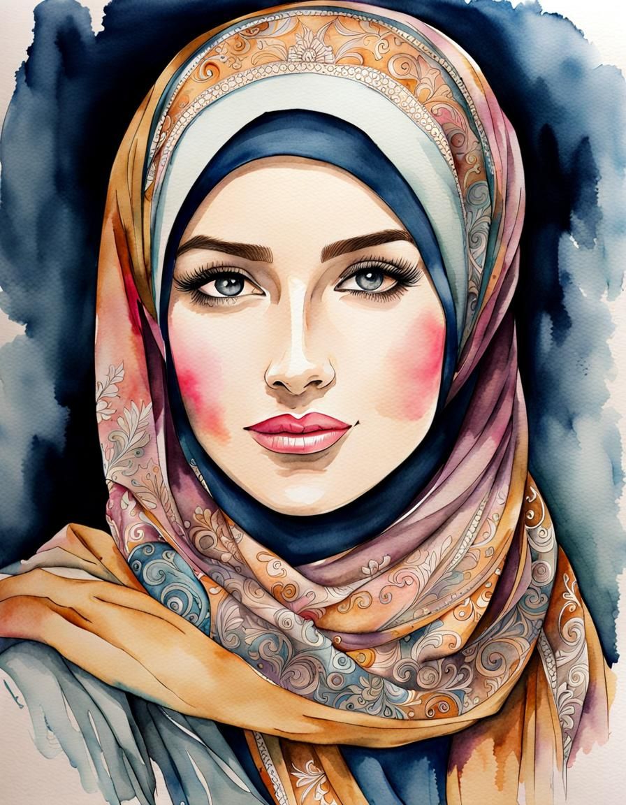 Cute German Woman in Hijab: Watercolor Art