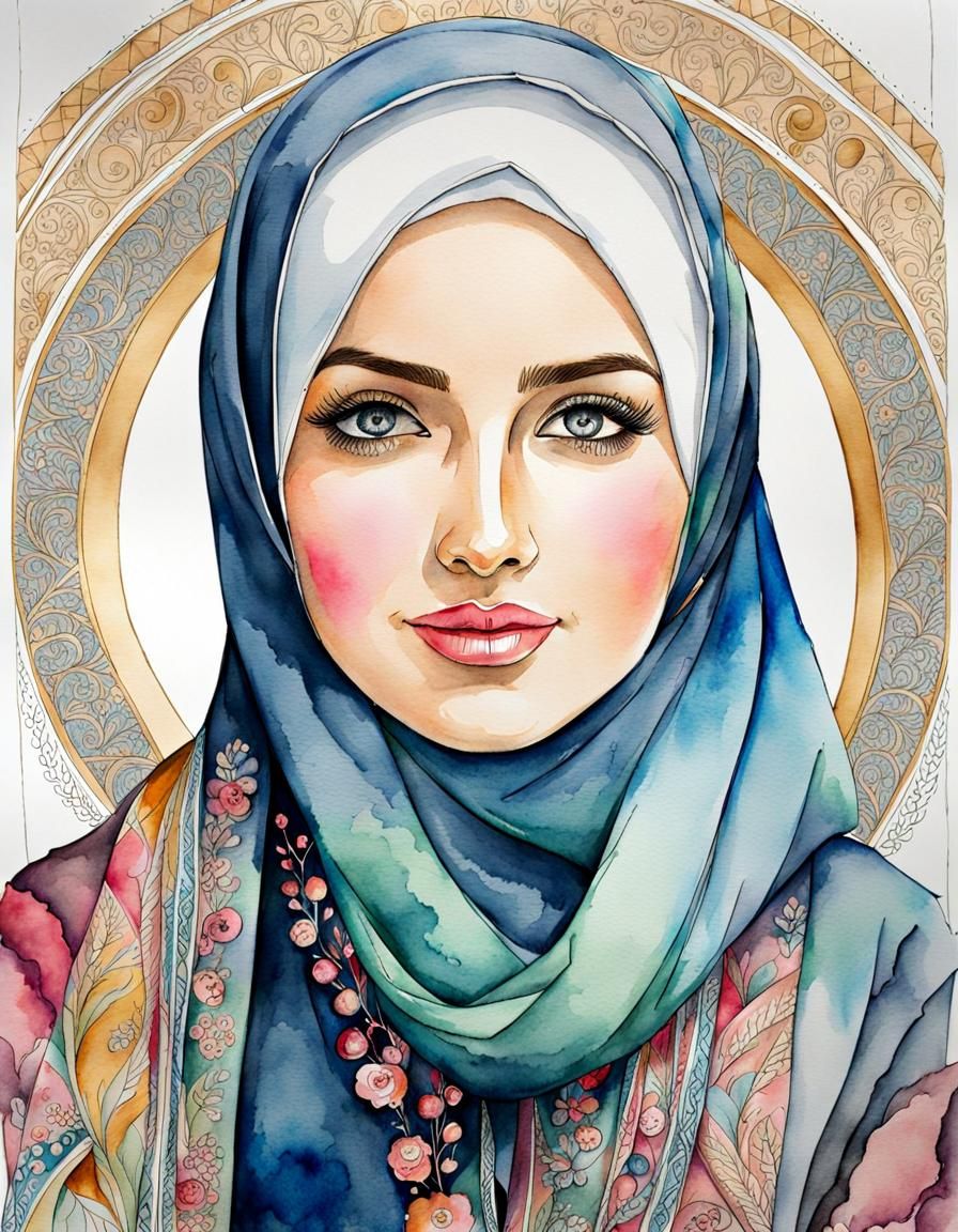 Young German Woman in Hijab: Watercolor Ink Drawing