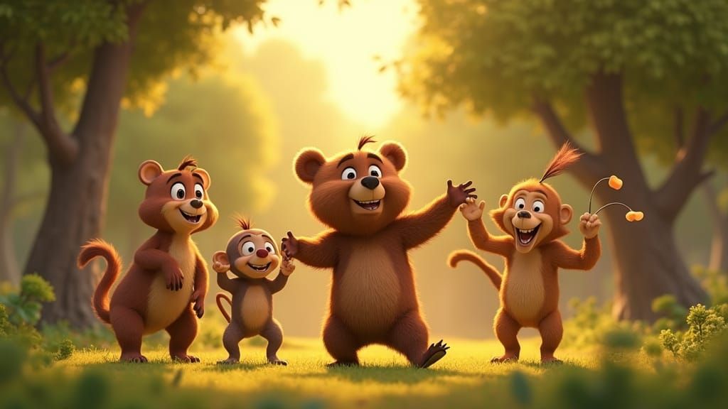 Comical Animals in Whimsical 3D Forest Scene