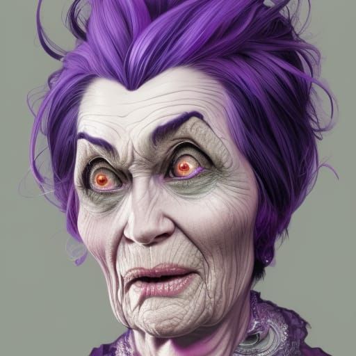 Unhinged crazy old lady witch with purple hair