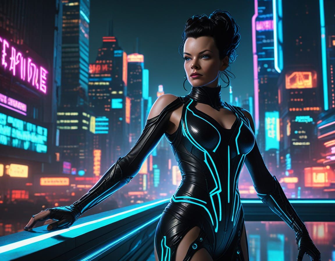 Cyberpunk Goddess in Neon Gown, Futuristic Cityscape